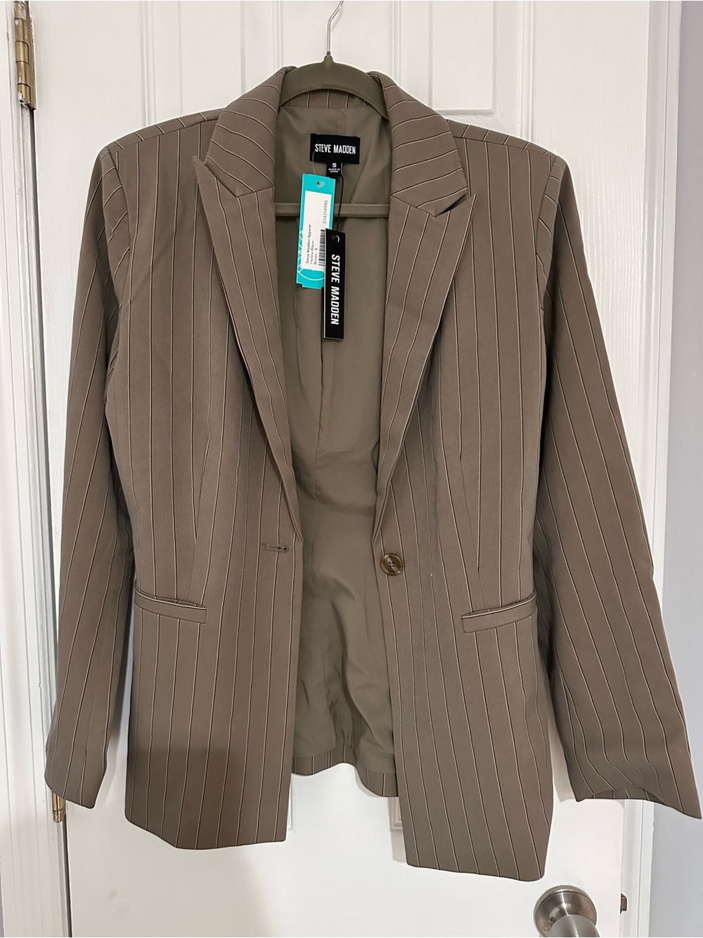 Steve Madden Taupe Pinstripe Blazer - Single-Button Notch Lapel